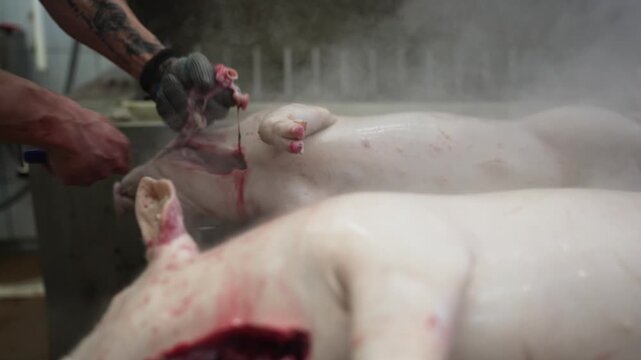 Butcher wearing white uniform and boots is burning pig's hair with a torch in a slaughterhouse processing line, preparing the carcass for further processing