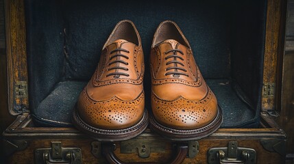 Classic brown brogues a vintage suitcase arrangement artistic lighting no human no labelling no logo