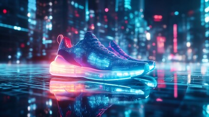 Futuristic cityscape background with neon lit high tech sneakers on a reflective surface no human no labelling no logo