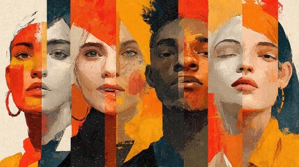Faces highlighting social bias with diverse skin tones and abstract portraits, inclusion diversity concept for design ads