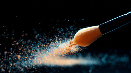 Makeup brush dispersing powder in a beautiful cloud against a dark backdrop showcasing artistry in motion