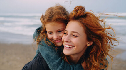 Mother and daughter share a joyful moment together at the beach on a sunny day with waves crashing in the background