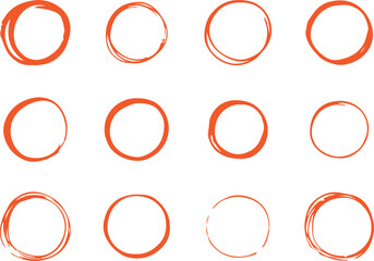  Hand-Drawn Red Circles Vector Set – Sketch, Doodle, Marker, Round, Abstract, Emphasis, Outline, Highlight, Symbol, Minimal, UI Element, Red Ink, Hand-drawn, Circular, Brushstroke, Transparent