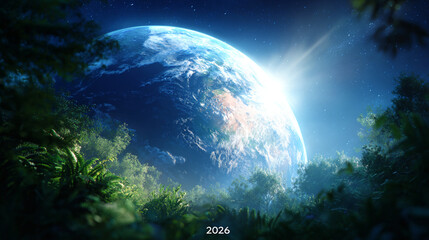 Vibrant view of Earth from a lush forest under a starlit sky in 2026