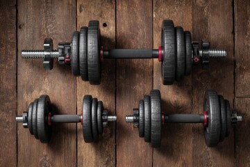 Naklejka premium Four adjustable dumbbells on rustic wooden planks