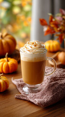 Cozy autumn drink with whipped cream and pumpkins in a warm and inviting setting