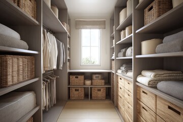 Organized walk-in closet with gray cabinetry, light-toned textiles, and wicker baskets
