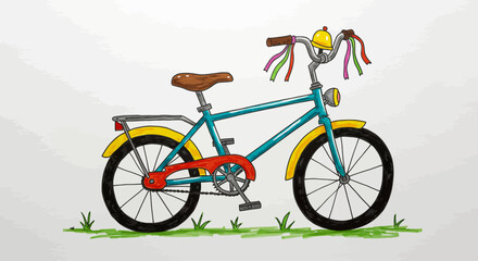 Fototapeta premium Colorful Illustration of a Bicycle with Decorative Elements on Green Grass