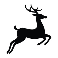 A striking black silhouette of a majestic deer captured mid-leap, showcasing its impressive antlers and graceful form against a white background.