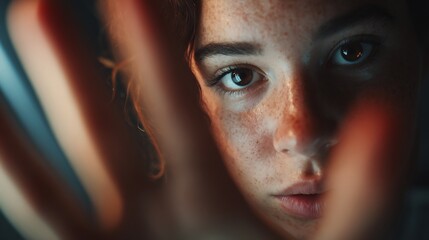 Portrait of a woman with freckles, her face partially obscured by a hand.