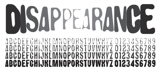 Set of simple rounded distorted font with letters of varying thickness on the theme of disappearance and manifestation. Set of letters and numbers of the latin alphabet. No AI used