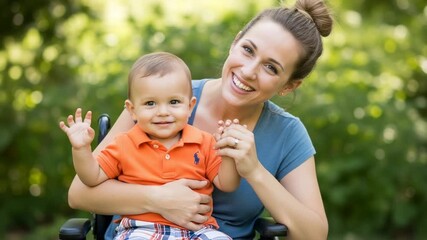 A smiling mother lovingly holds her happy baby boy in a wheelchair outdoors amidst lush green foliage - Powered by Adobe
