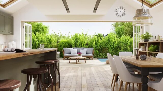 Modern Kitchen with Patio View in Luxury Home