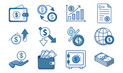 Blue Finance and Banking Icon Set Featuring Wallets, Currency Exchange, Growth Charts, Dollar Symbols, Financial Reports, and Global Economy Elements for Digital and Print Use