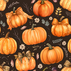 Seamless Fall Pattern with Pumpkins and Leaves | Autumn Digital Paper | Halloween Background | Thanksgiving Scrapbook | Printable Decor