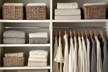 Organized closet with clothes and linens neatly arranged on shelves and hanging rods