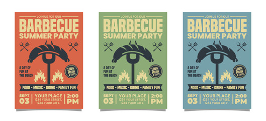 Set Of Barbecue Summer Party Orange Greend and Blue vertical flyer poster vector template design