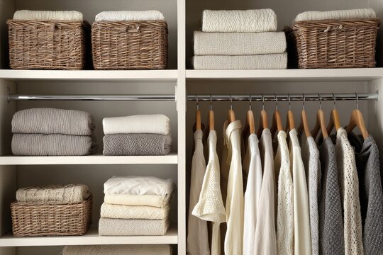 Organized closet with clothes and linens neatly arranged on shelves and hanging rods