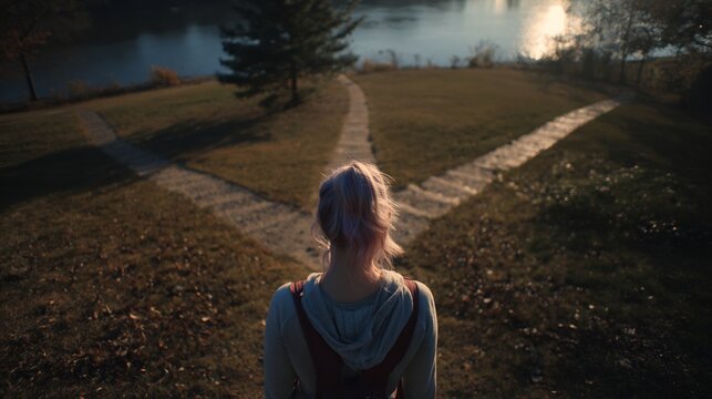 A woman stands at a fork in the road, contemplating her journey ahead.