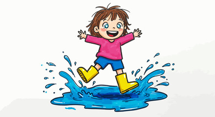 Happy Child Jumping in Puddle Illustration Joyful Outdoor Playtime Concept