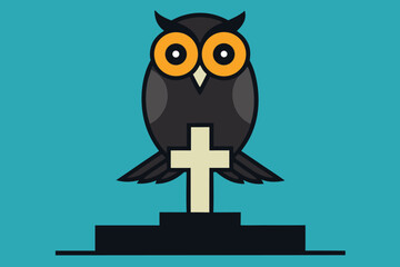 Cartoon Owl Perched on Tombstone Cross Halloween Graphic Design Illustration