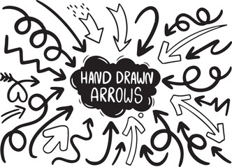 Hand Drawn Arrows Explosion Set – Comic Style Vector Arrows, Curves, Highlights, Navigation Doodles, Black and White Motion Elements, Direction Pack

