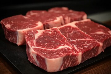 Succulent Angus Ribeye Slices Prepared for Cooking, Juicy and Flavorful Beef Ready for Grilling