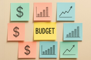 Financial Planning Strategy Office Space Infographic Concept Soft Beige Environment Creative Viewpoint, With Sketch-Style Dollar Signs, Charts and Yellow Note Labeled "BUDGET"