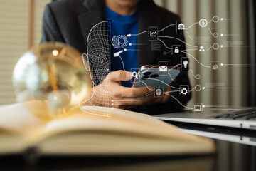 AI Artificial Intelligence technology for education. Modern digital learning, courses for developing new skills and e-learning.