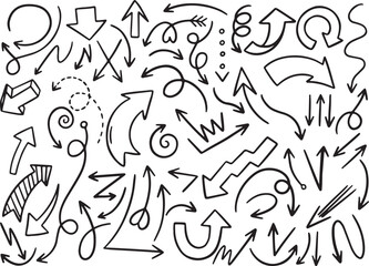 Arrow Doodle Icon Set – Hand Drawn, Curved and Straight, Sketch Arrows Collection, Line Art Style, Transparent Background