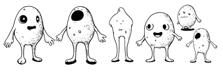 Cute monster character cartoon set. Vector illustration doodle linocut style.