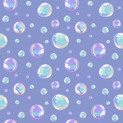 Magical seamless soap bubble pattern with glossy texture on dark blue background. Sparkling dreamy rainbow reflections for luxurious and stylish visuals. Vector texture for hygiene product design