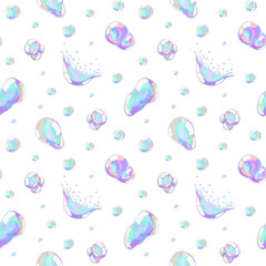 Dreamy seamless soap bubble pattern with shimmer effect isolated on white. Pastel gradient reflection. Vector textured background for hygiene design and packaging, kids prints and decor