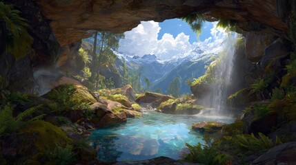 Cave Opening To Mountain Waterfall And Pool