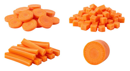 Collection of fresh carrots cut in different shapes like slices, cubes, and sticks isolated PNG with Transparent Background