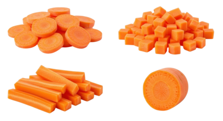 Collection of fresh carrots cut in different shapes like slices, cubes, and sticks isolated PNG with Transparent Background