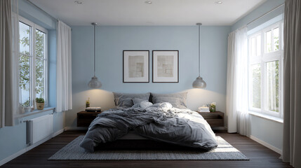 Pale blue modern bedroom with large windows and grey bedding