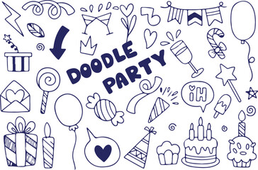Doodle Party Fun Elements – Balloons, Drinks, Confetti, Microphone, Flags, Black and White Sketch Style, Hand Drawn Party Icons, Vector Illustration, Celebration Theme

