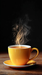 Steaming yellow cup of coffee on wooden table creates a cozy atmosphere perfect for morning routines and relaxation
