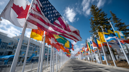 Global Flags Displayed: A vibrant display of national flags flutters in the wind under a bright, cloud-filled sky. The image captures the essence of international unity and global connection.