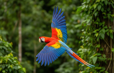 The macaw flies beautifully, showing true freedom in the heart of its green native habitat.