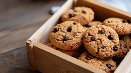 Warm Chocolate Chip Cookies in Rustic Brown Wooden Box Overflowing