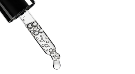 Cosmetic serum with bubbles dripping from a glass dropper isolated PNG with Transparent Background