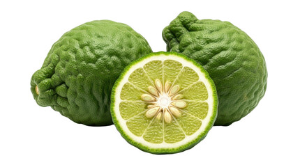 Obraz premium Fresh Kaffir Lime Whole and Halved with Visible Seeds, Vibrant Green Citrus Fruit Isolated on White Background for Culinary and Aromatic Use