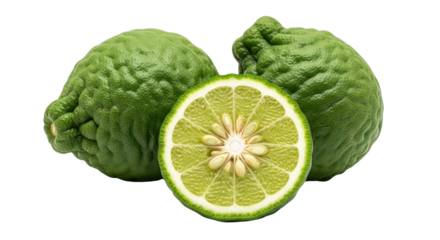 Fresh green bergamot fruit whole and cut in half isolated PNG with Transparent Background