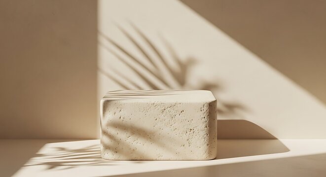 Minimalist Cube Podium with Palm Leaf Shadow Overlay for Display and Presentation, Neutral Beige Color Palette.