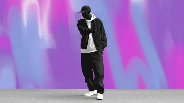 Man walking streetwear style black jacket white hoodie cap casual outfit sneakers urban purple pink background fashion vdo design