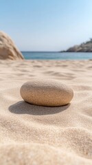 Obraz premium A perfectly smooth, sun-kissed stone rests on golden sands, gazing towards the tranquil, azure ocean under a boundless, clear sky.