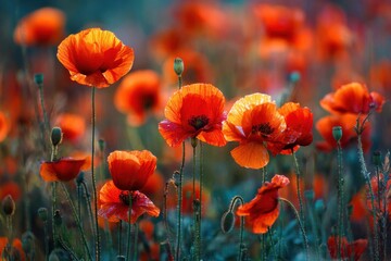 Fototapeta premium Vibrant poppy blooms swaying gently under warm sunlight in an enchanting meadow