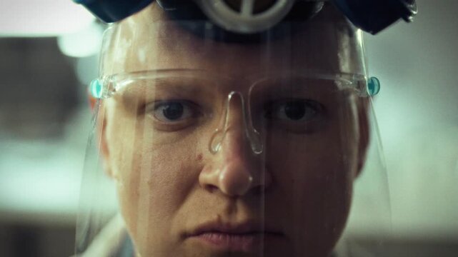 A determined scientist prepares for an experiment by adjusting their protective eyewear
